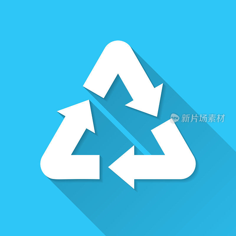 “回收利用”。图标在蓝色背景-平面设计与长阴影