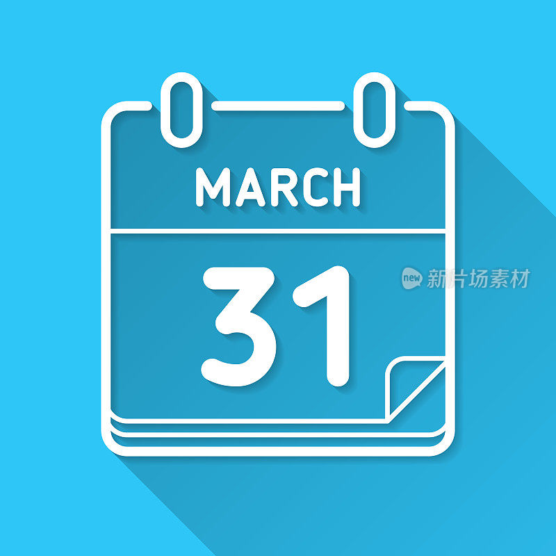3月31日。图标在蓝色背景-平面设计与长阴影