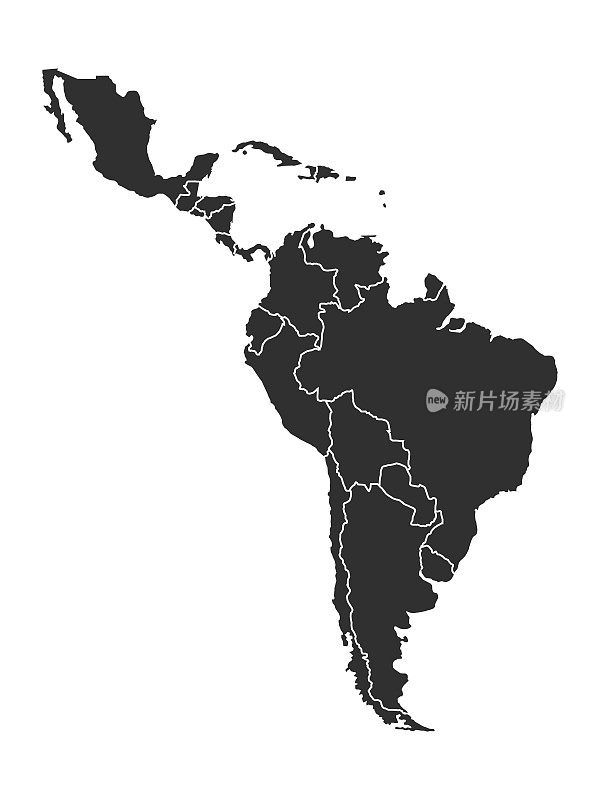 拉丁美洲地图背景与国家。拉丁美洲地图孤立在白色背景。矢量图