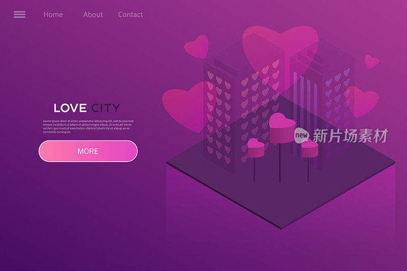 爱情之城，霓虹等角插画。网站、app设计。现代风格