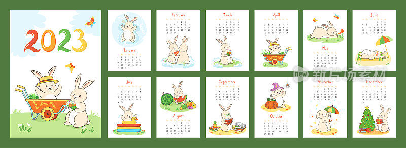 日历2023与兔子规划师组织者涵盖12页兔子角色吉祥物年卡通兔子