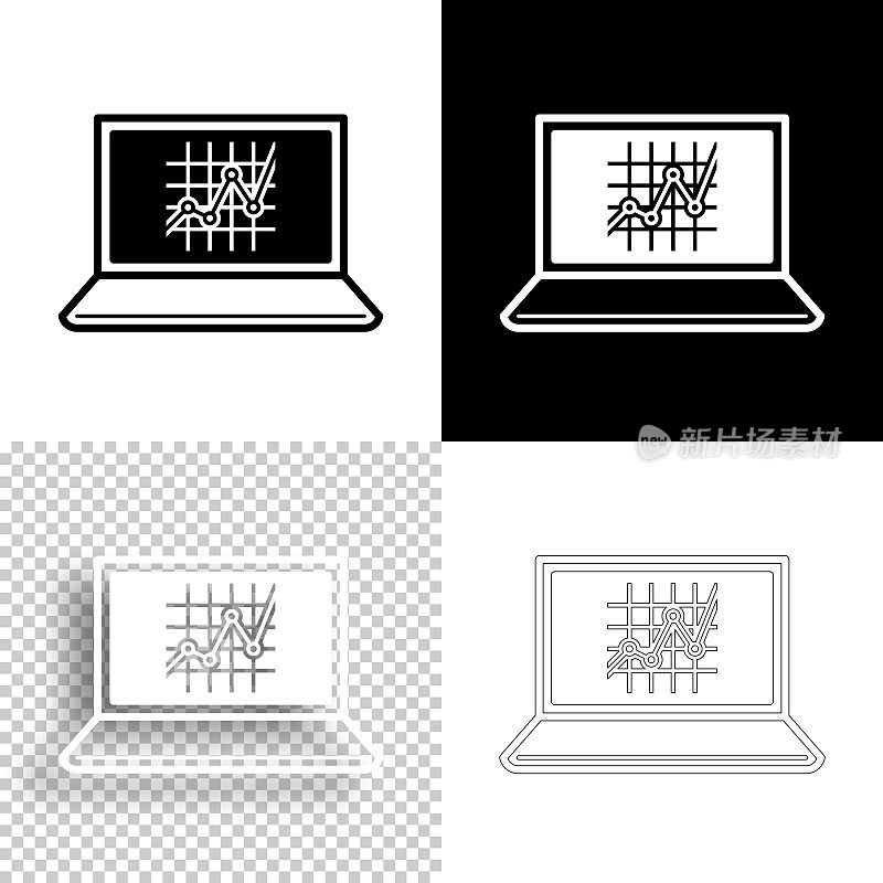 笔记本电脑图。图标设计。空白，白色和黑色背景-线图标