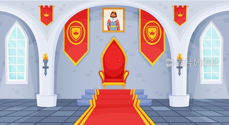 城堡正殿，皇家宫殿内部，中世纪舞厅。卡通童话王国大厅与国王宝座椅子，旗帜矢量插图