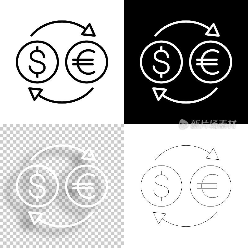 货币兑换-美元欧元。图标设计。空白，白色和黑色背景-线图标