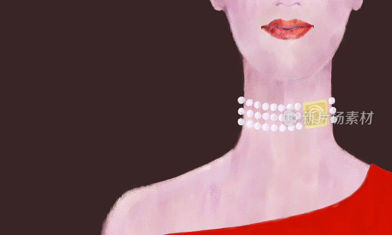 在彩色背景上戴着珍珠项链的女子肖像