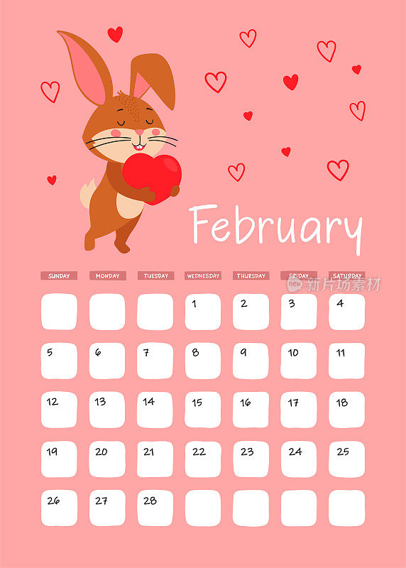 2023年2月的挂历A3页。可爱的棕色兔子或心形兔子，象征着东方或中国日历的2023年。矢量股票准备打印模板。