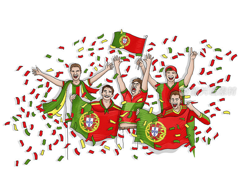 五名葡萄牙球迷在葡萄牙国旗下庆祝