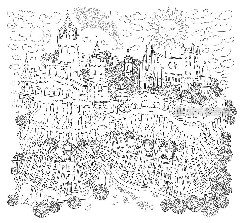 矢量轮廓的梦幻景观，童话小镇的街道，山上的中世纪城堡。黑白成人和儿童涂色书页面