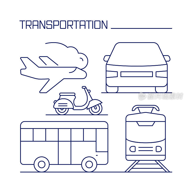 交通相关设计元素。使用大纲图标的模式设计。