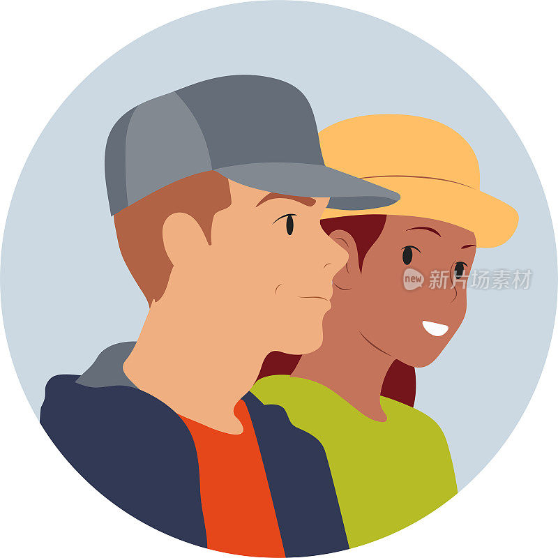 一个戴着帽子的年轻男子和一个戴着帽子的女人的化身。矢量插图