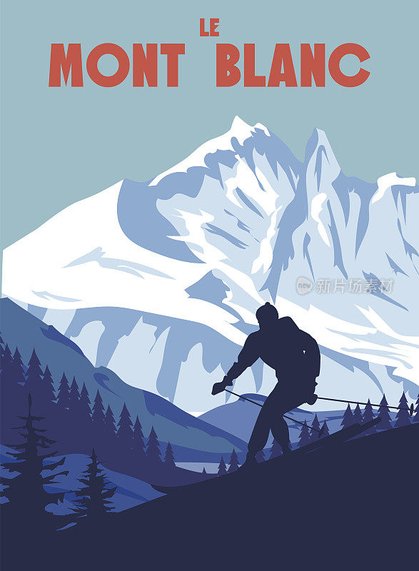 勃朗峰滑雪场海报，复古