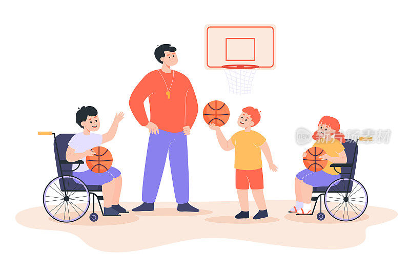 有身体残疾的孩子和打篮球的老师
