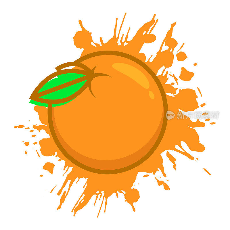 抽象的橙子美味多汁。夏日蜜桃的果实映衬着洒落的水果花蜜。卡通矢量孤立在白色背景