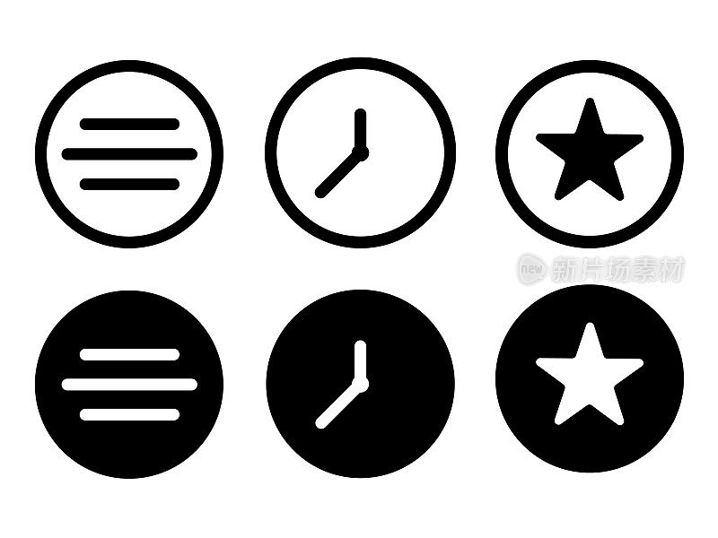 月亮和星星和线条图标在现代风格图标位于白色和黑色背景。这个包有六个图标。