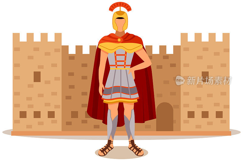 罗马要塞，古代士兵戴着头盔、披风和盔甲站在古城广场的古建筑附近