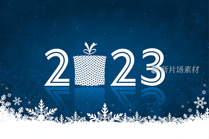 白色的彩色文字2023,0作为一个柳条篮礼盒，超过黑暗的午夜海军蓝水平发光闪闪的模糊矢量祝新年庆祝背景贺卡，海报和横幅与雪花和雪边界在底部