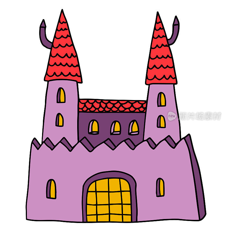 卡通线性涂鸦与塔孤立的复古城堡