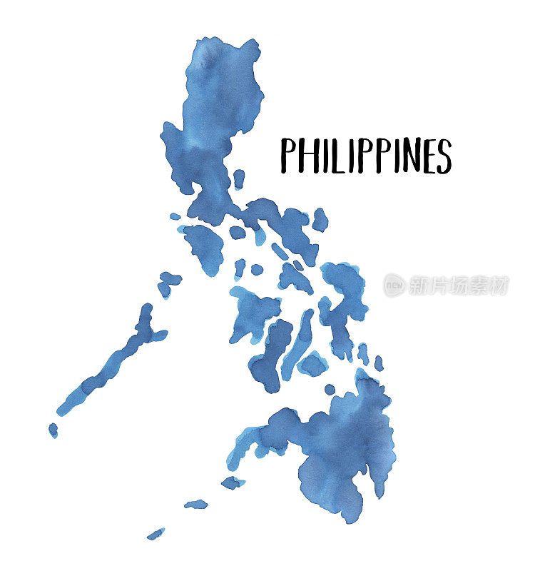 水彩画素描菲律宾地图在美丽的天蓝色的色彩与创意笔触。