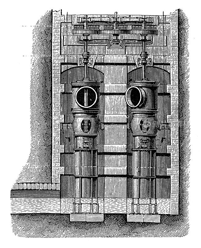 古董插图，应用力学和机器:Henschel-Jonval涡轮机