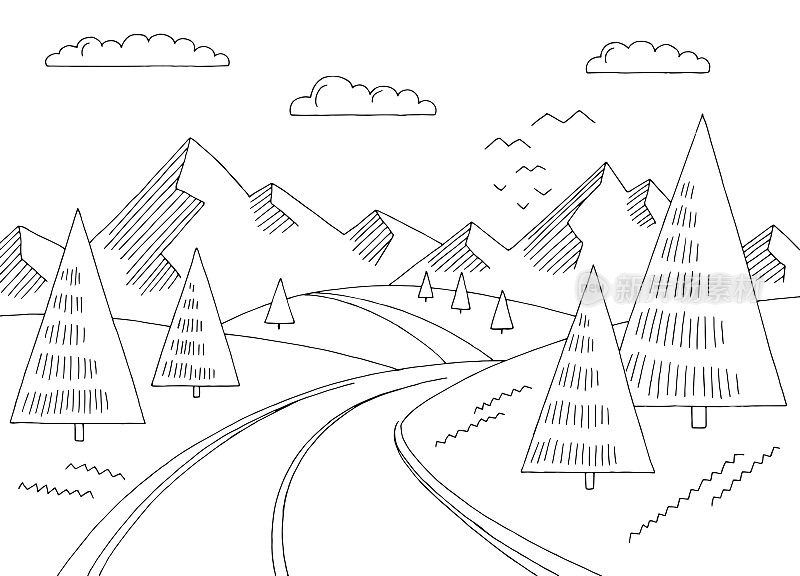 山地道路简单图形黑白景观素描插图矢量