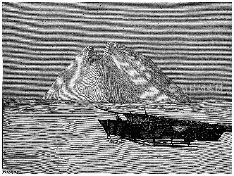 古董插图:Fridtjof南森北极探险队，弗朗茨约瑟夫陆地冰山