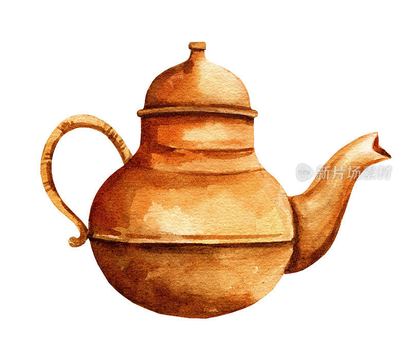 传统东方茶壶，铜制土耳其茶壶，白底东方饮茶