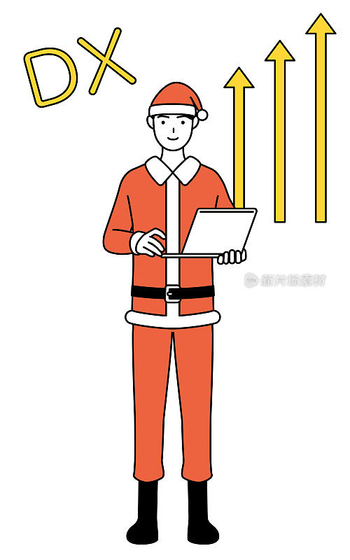 DXing的形象，简单的线条插画，一个男人打扮成圣诞老人，他成功地改善了他的生意