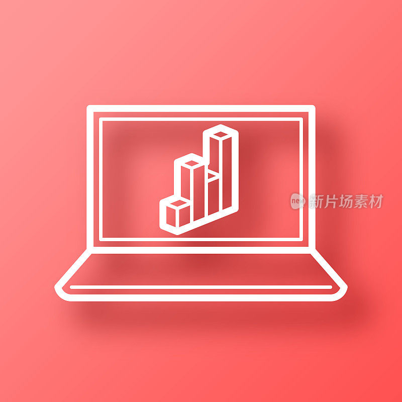 带3D图表的笔记本电脑。图标在红色背景与阴影
