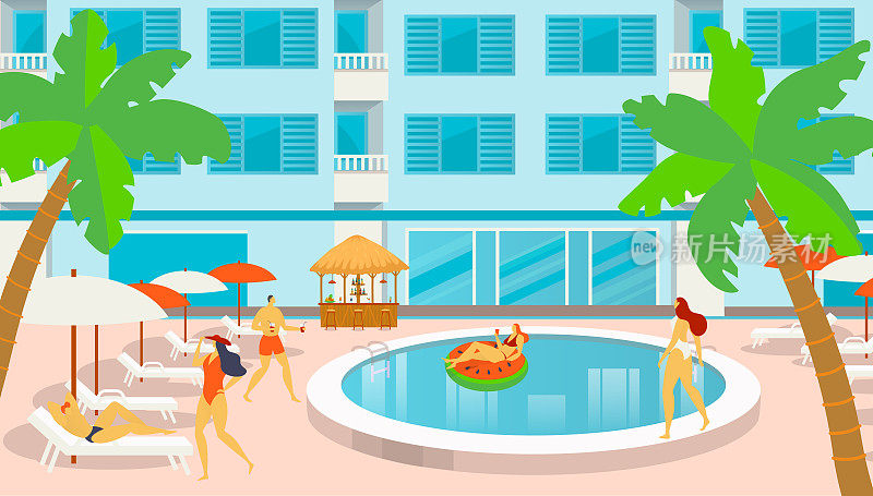 旅游场所酒店，让人一起放松放松的游泳池，热带度假全包客栈平矢量插画。