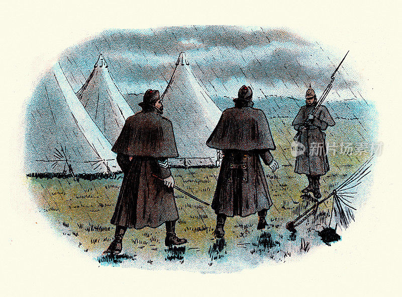 19世纪19世纪90年代，维多利亚时期的英国军队，雨夜在营地站岗的士兵