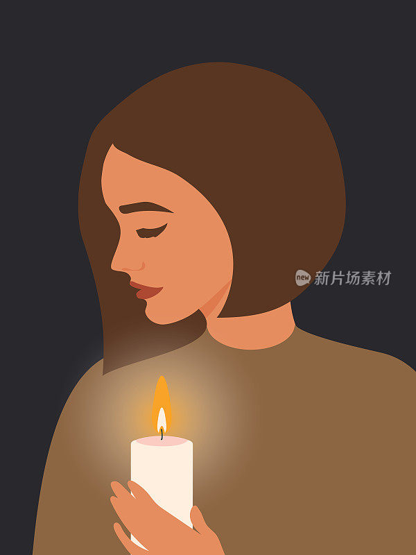 在黑色垂直背景上，一名妇女手中燃烧的蜡烛照亮并温暖了他们的家。2022年乌克兰将没有电和热。向量。