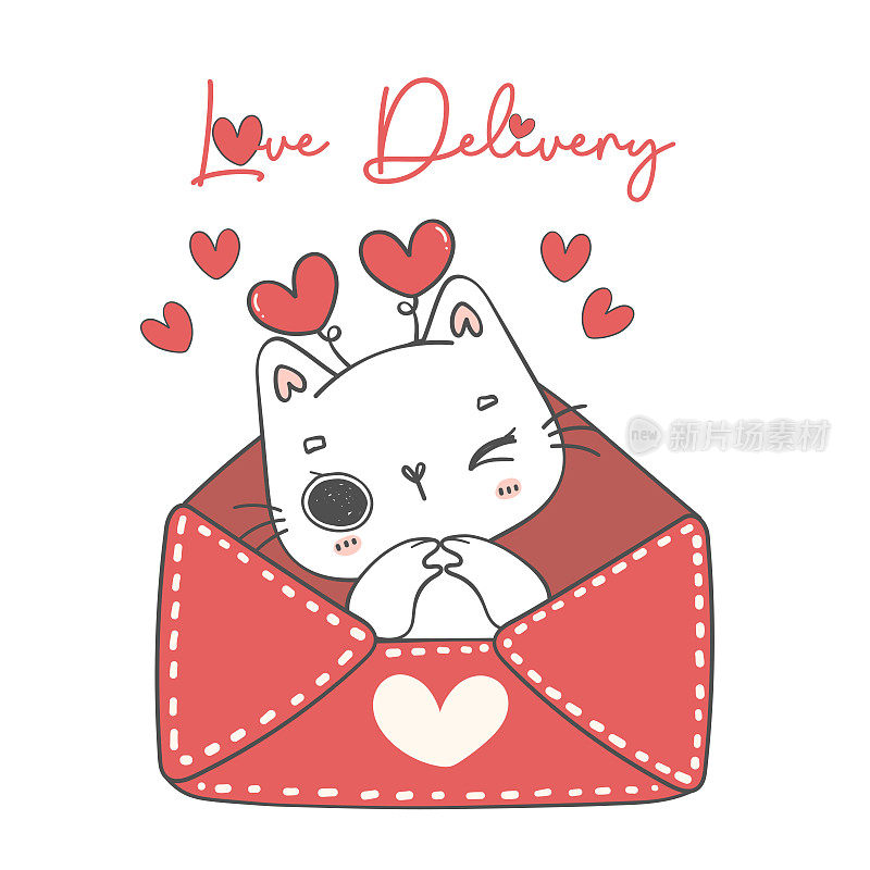 可爱甜美的情人节白色小猫猫女孩在爱红包与红心卡通动物涂鸦手绘插图矢量
