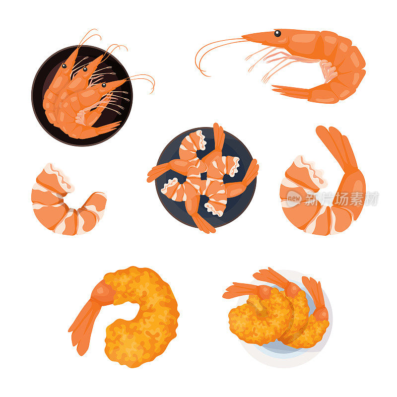 虾图标集。虾或对虾剪影插图，亚洲菜海鲜