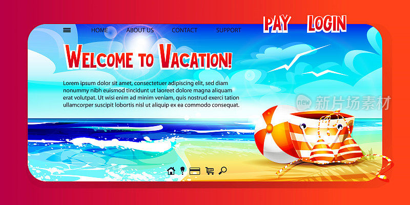 卡通风格的夏日旅游和海滩度假网页。沙滩包与泳衣和一个球的背景上的海洋景观。欢迎来度假!