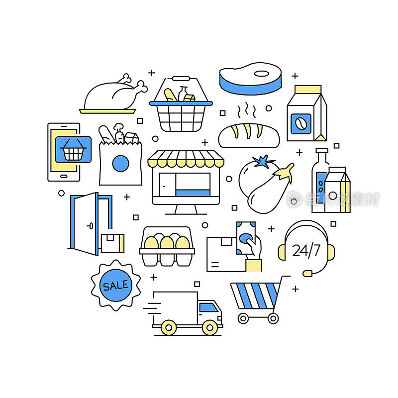 互联网杂货相关的矢量横幅设计概念,现代线风格与图标