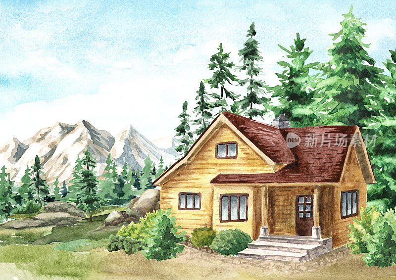 靠近山的森林里舒适的乡间小屋。手绘水彩插图，孤立在白色背景上
