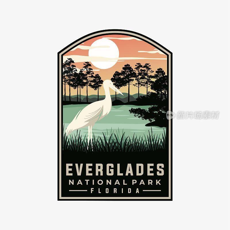 大沼泽地国家公园矢量模板。在徽章补丁风格佛罗里达地标图形插图。