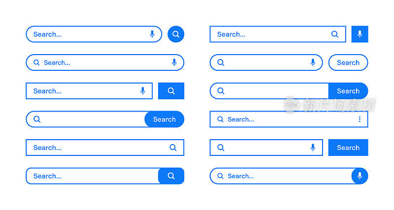 具有轮廓边界的各种搜索条。Internet浏览器引擎与搜索框，地址栏和文本字段。UI设计，网站界面元素，网页图标和按钮。矢量图