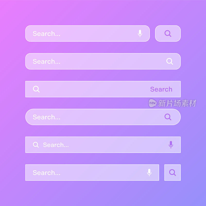 各种透明搜索栏模板。Internet浏览器引擎与搜索框，地址栏和文本字段。UI设计，网站界面元素与网页图标和按钮。矢量图