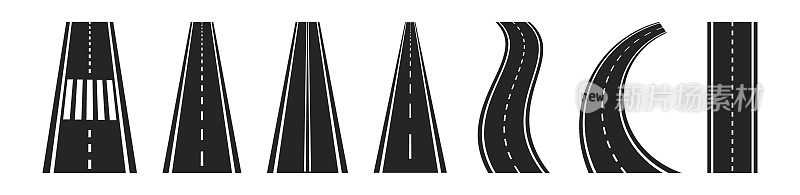 公路，白色背景的高速公路。通往地平线的道路。弯道、高速公路或巷道集合集。