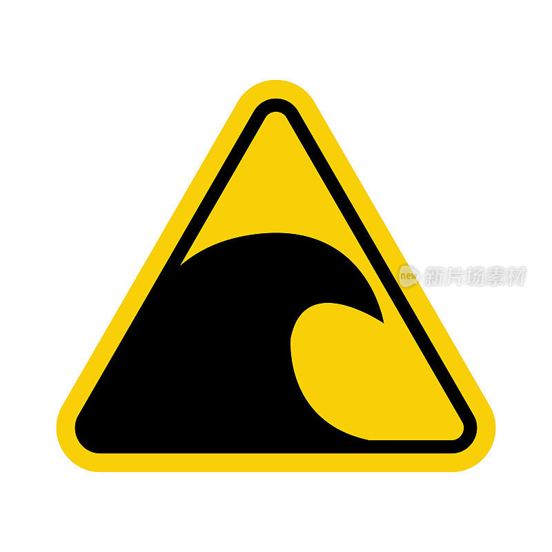 海啸的迹象。海啸警报信号。黄色三角形标志与海啸波内的图标。当心大浪。有溺水的危险。