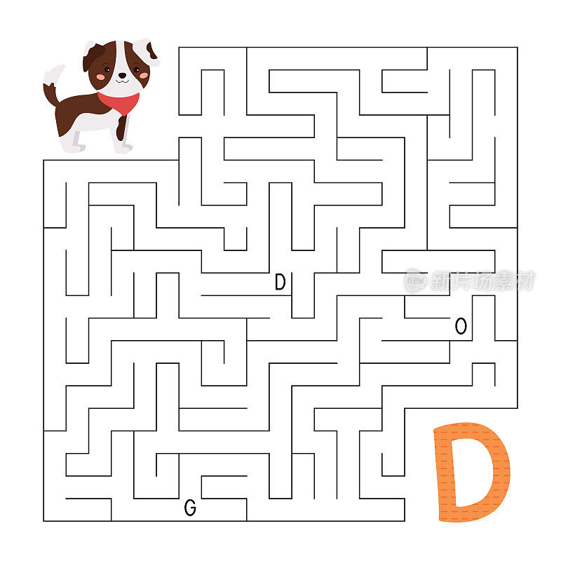 ABC迷宫游戏。儿童益智游戏。字母迷宫。帮助狗找到正确的路到字母D。