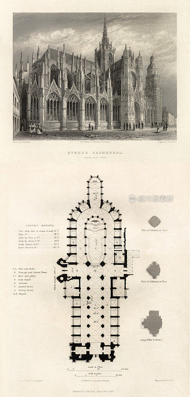 法国大教堂，埃夫勒大教堂，博韦，瓦兹，埃夫勒，古董法国雕刻，1837年