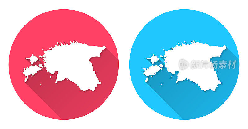 爱沙尼亚的地图。圆形图标与长阴影在红色或蓝色的背景