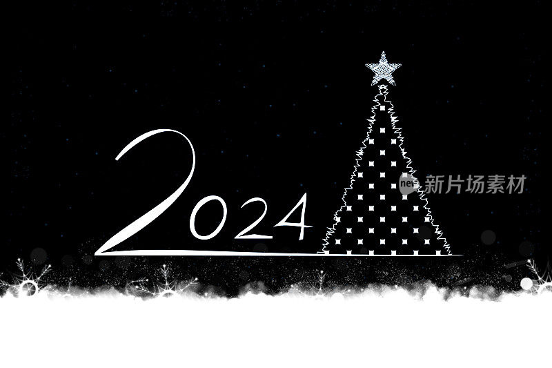 白色潦草的抽象斑点三角形作为圣诞树，顶部有一颗星星，在深黑色水平圣诞闪闪发光的节日背景或壁纸上有文字2024为2024年新年快乐，雾烟为一缕基础