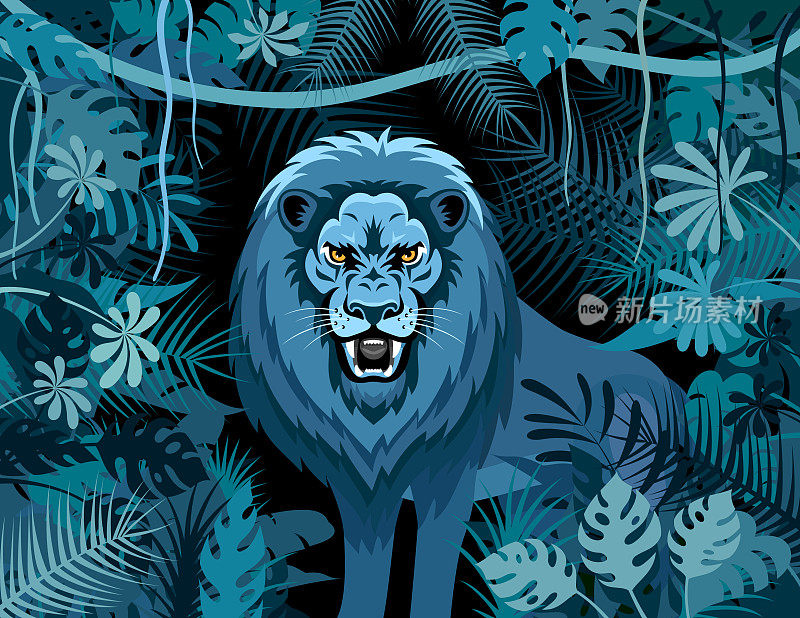 狮子在夜色的掩护下在丛林中咆哮。