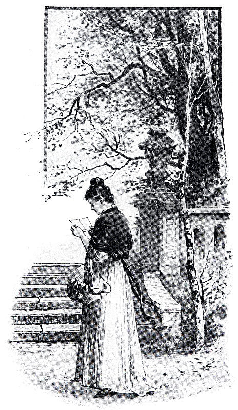一个女人在公园里散步，在读一封信