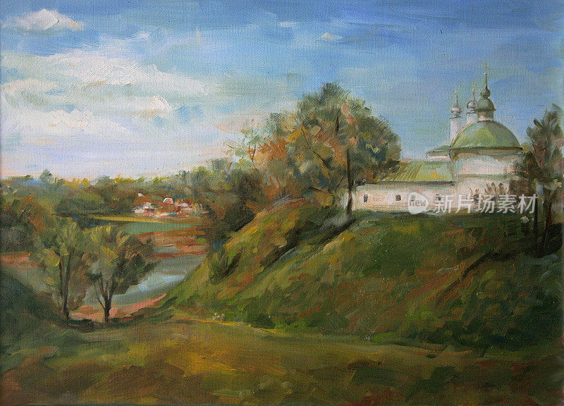 俄罗斯古城的教堂，油画
