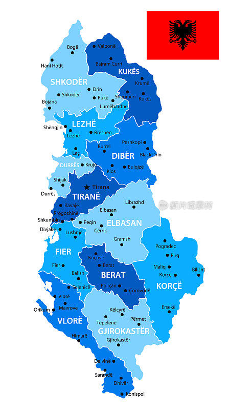 阿尔巴尼亚国旗地图。蓝色矢量插图