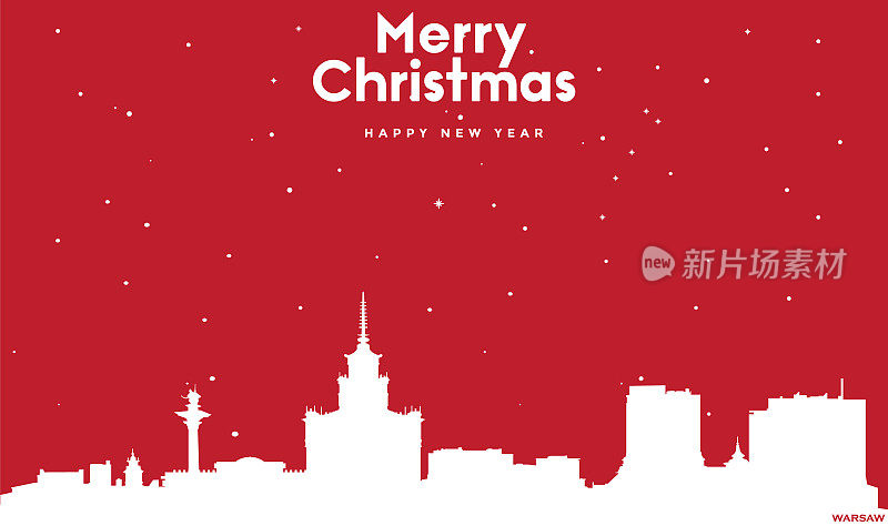 圣诞节和新年红色贺卡与白色的华沙城市景观